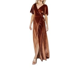 Baltic Born Velvet Wrap‎ Maxi Dress Rust Burnt Orange Flutter Sleeve Size XS